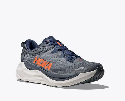 Grey Hoka running shoe on a white background