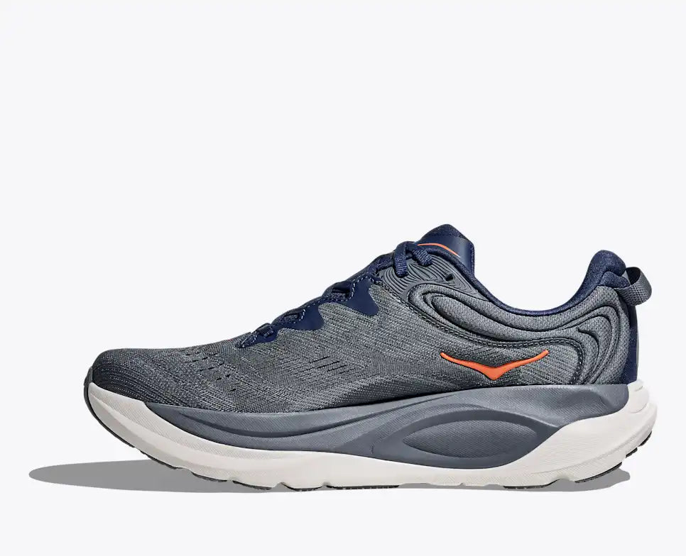 Grey Hoka running shoe on a white background