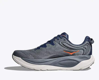 Grey Hoka running shoe on a white background