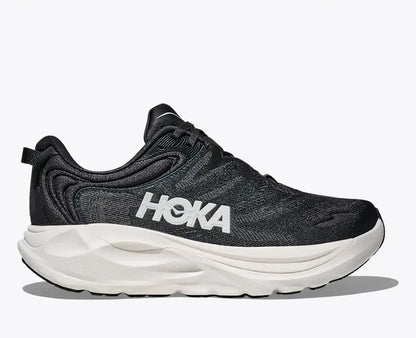 Black running shoe with white sole on a white background