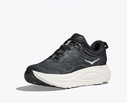 Black running shoe with white sole on a light gray background