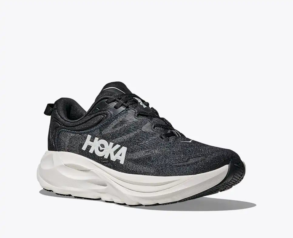 Black Hoka running shoe on a white background