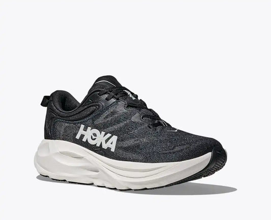 Black Hoka running shoe on a white background