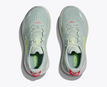 Light gray running shoes with red accents on a white background