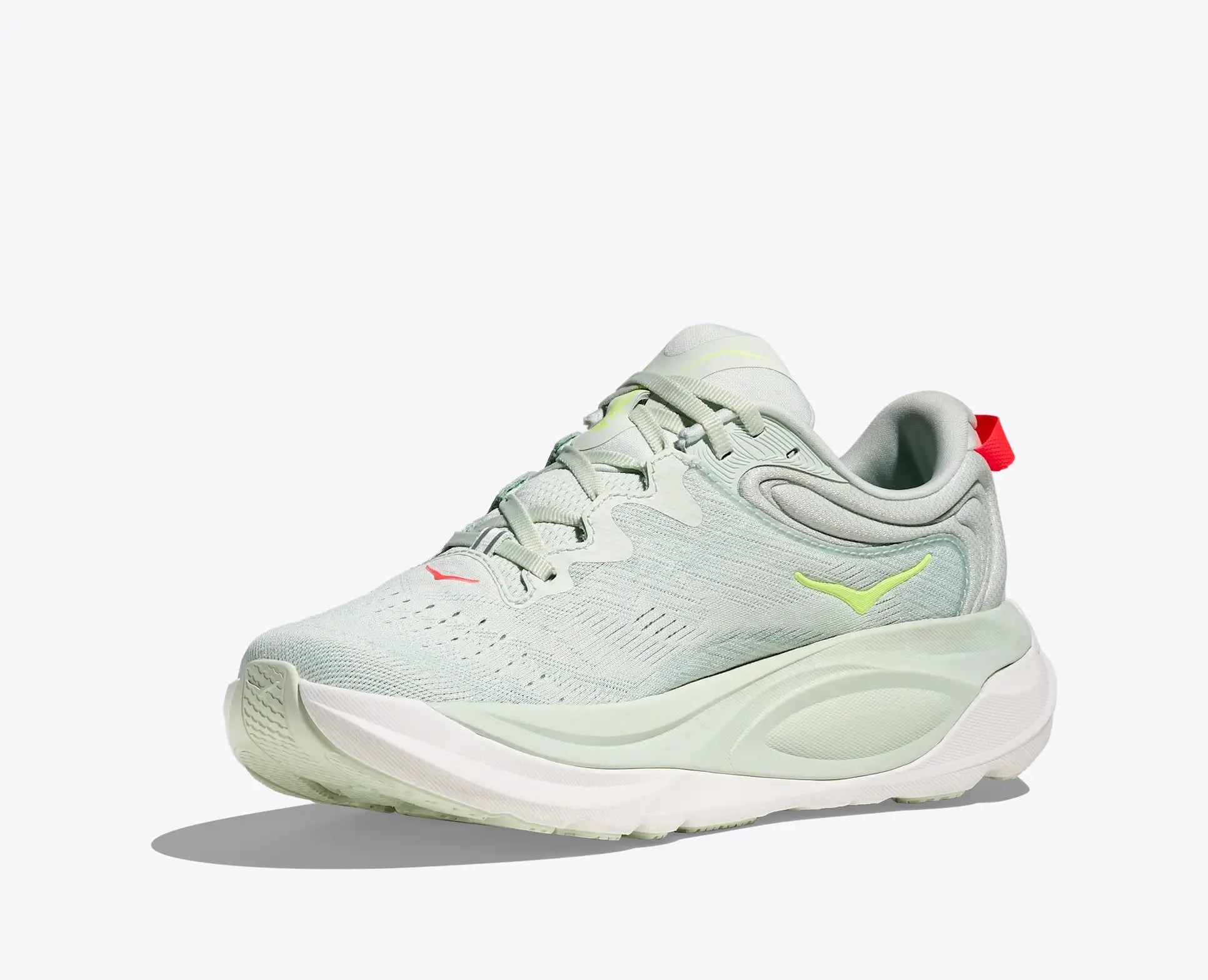Light gray running shoe with white sole on a white background