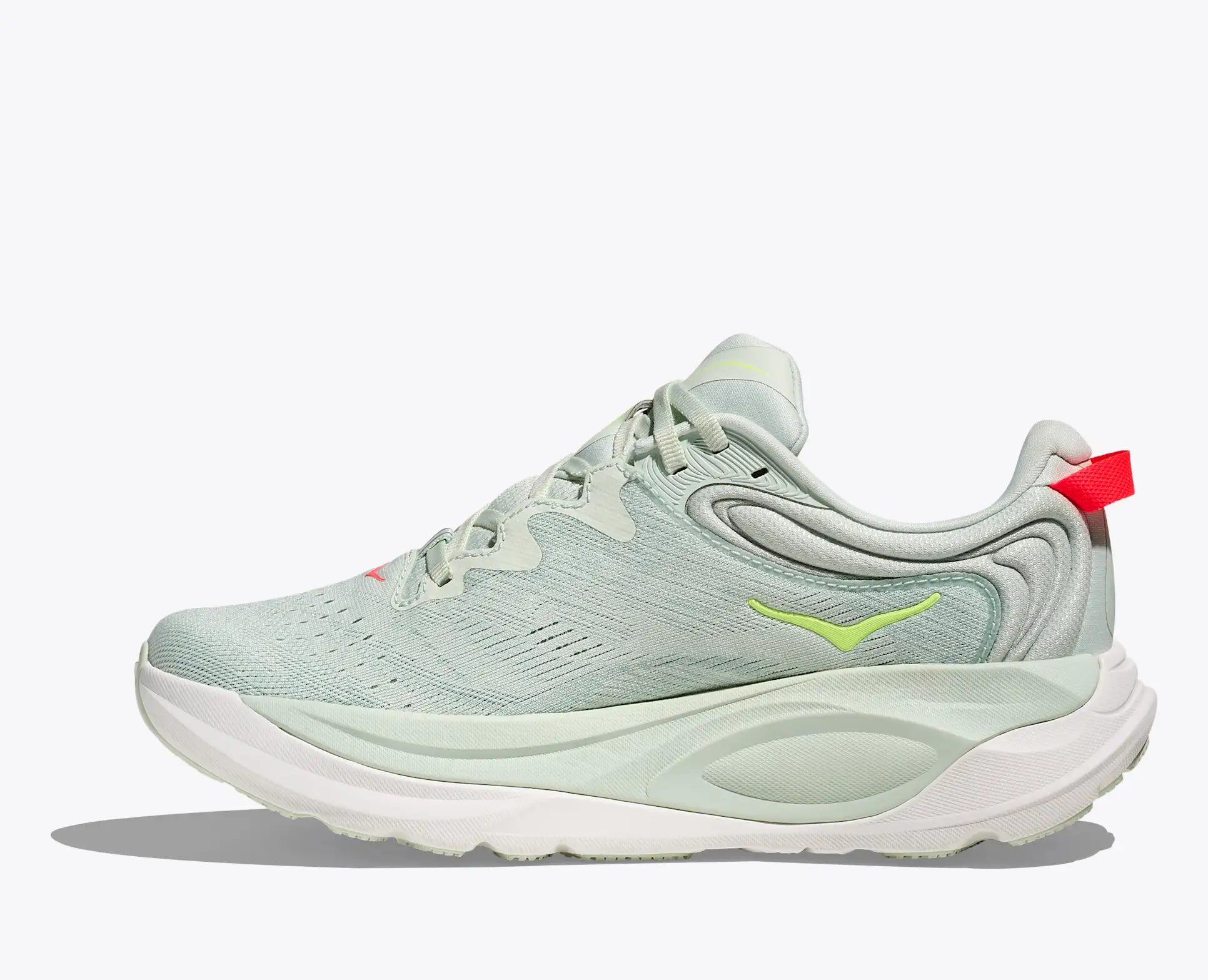 Light blue running shoe with white sole on a white background