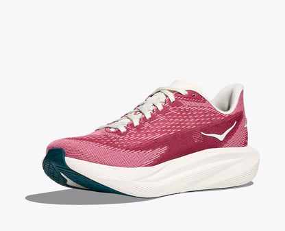 Pink running shoe with white laces on a white background