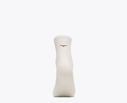 White Hoka running sock with a small black logo on a white background