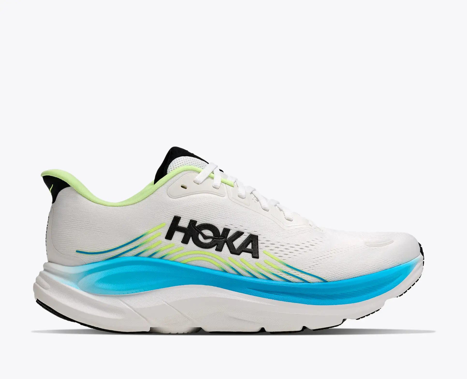 White Hoka Men's Clifton 11 running shoe with blue and green accents on a white background