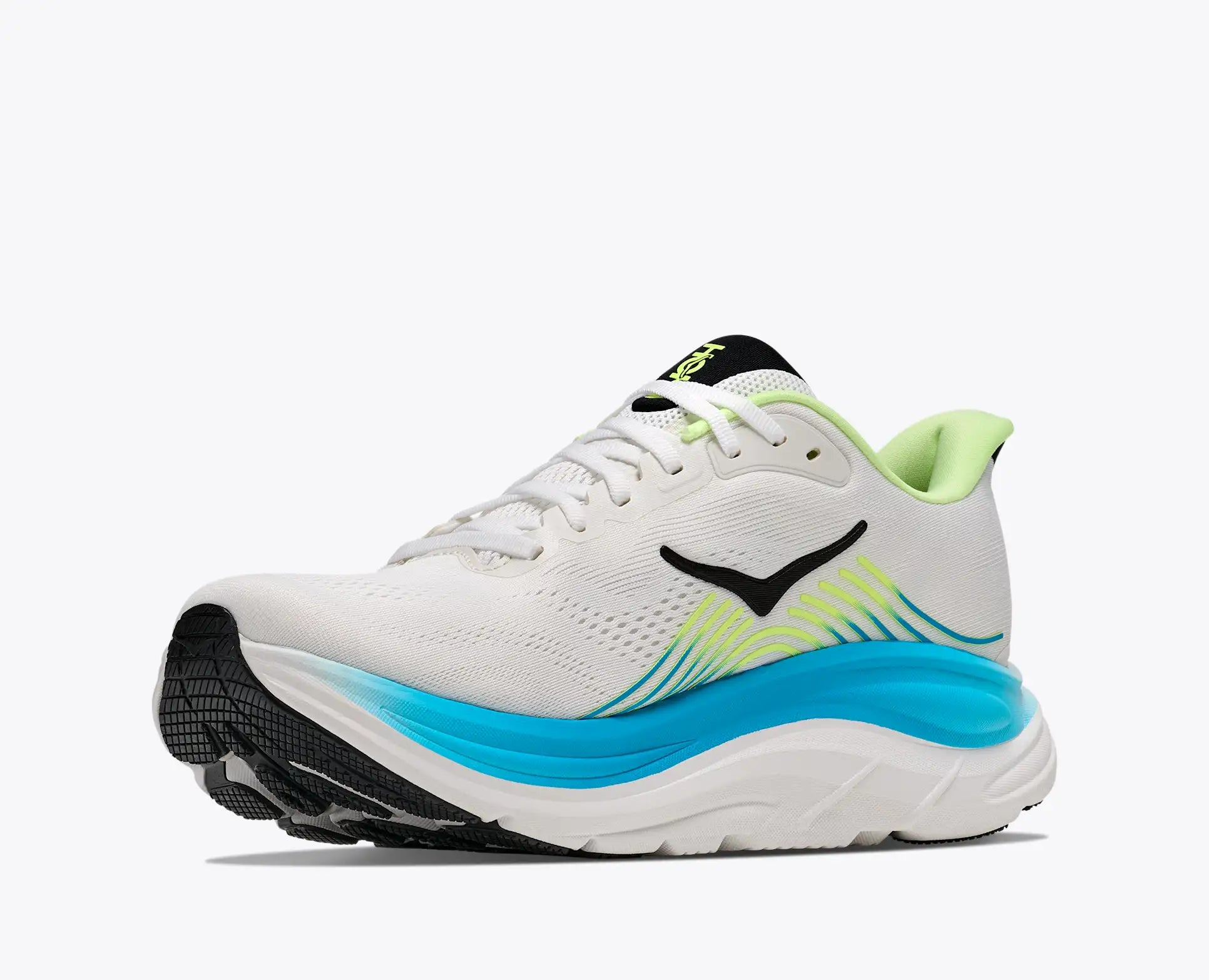 White Hoka Men's Clifton 11 running shoe with blue sole and green accents on a white background