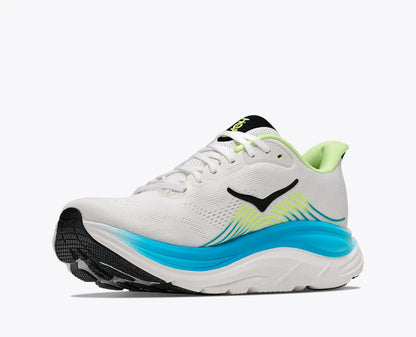 White Hoka Men's Clifton 11 running shoe with blue sole and green accents on a white background