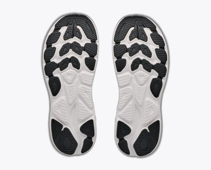 Close-up of white Hoka Men's Clifton 11 athletic shoes with black sole pattern on a white background