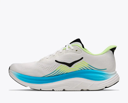 White Hoka Men's Clifton 11 running shoe with blue sole on a white background