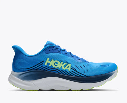 Blue Hoka Men's Clifton 11 running shoe with Hoka branding on a white background