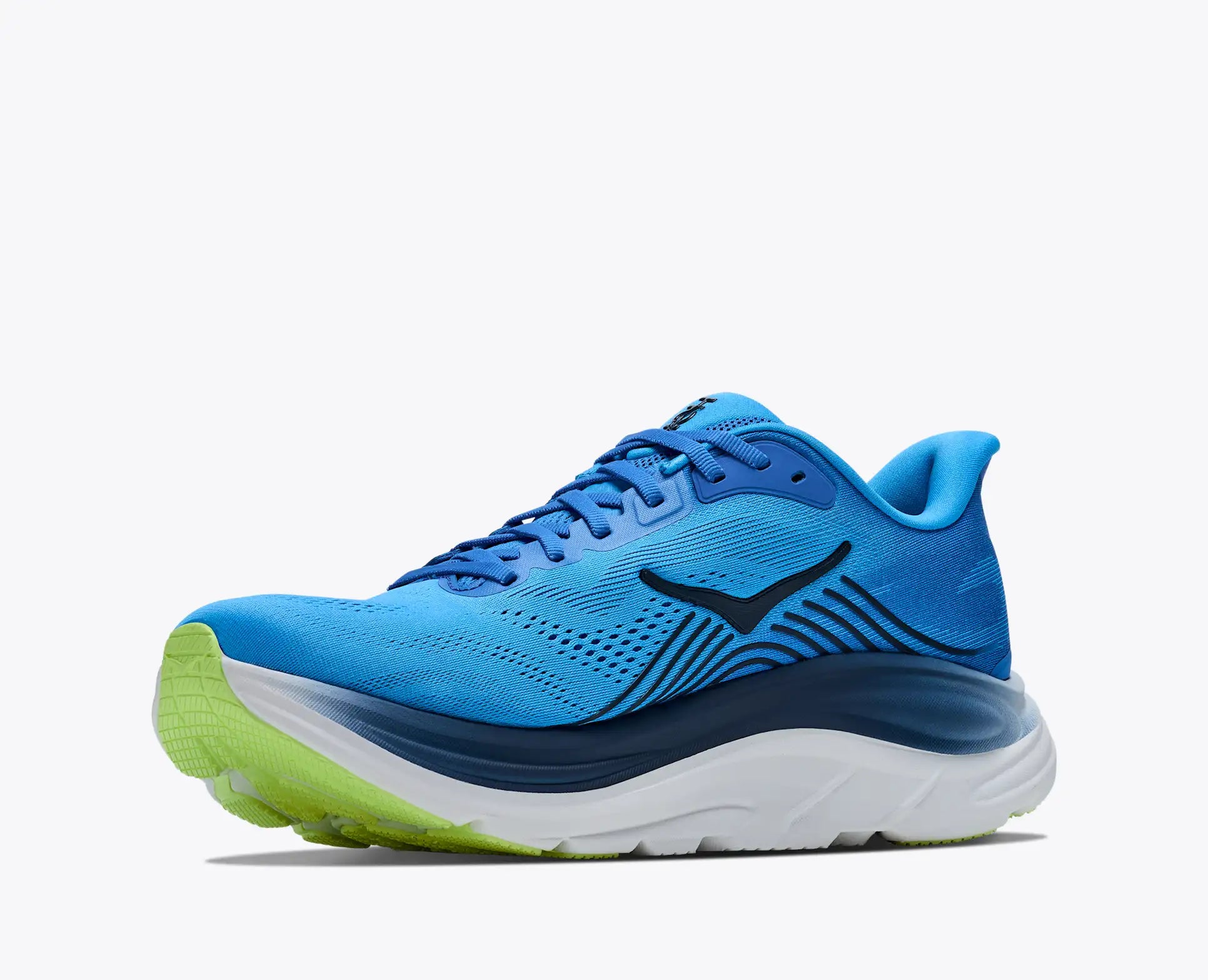 Blue Hoka Men's Clifton 11 running shoe with green sole on a white background