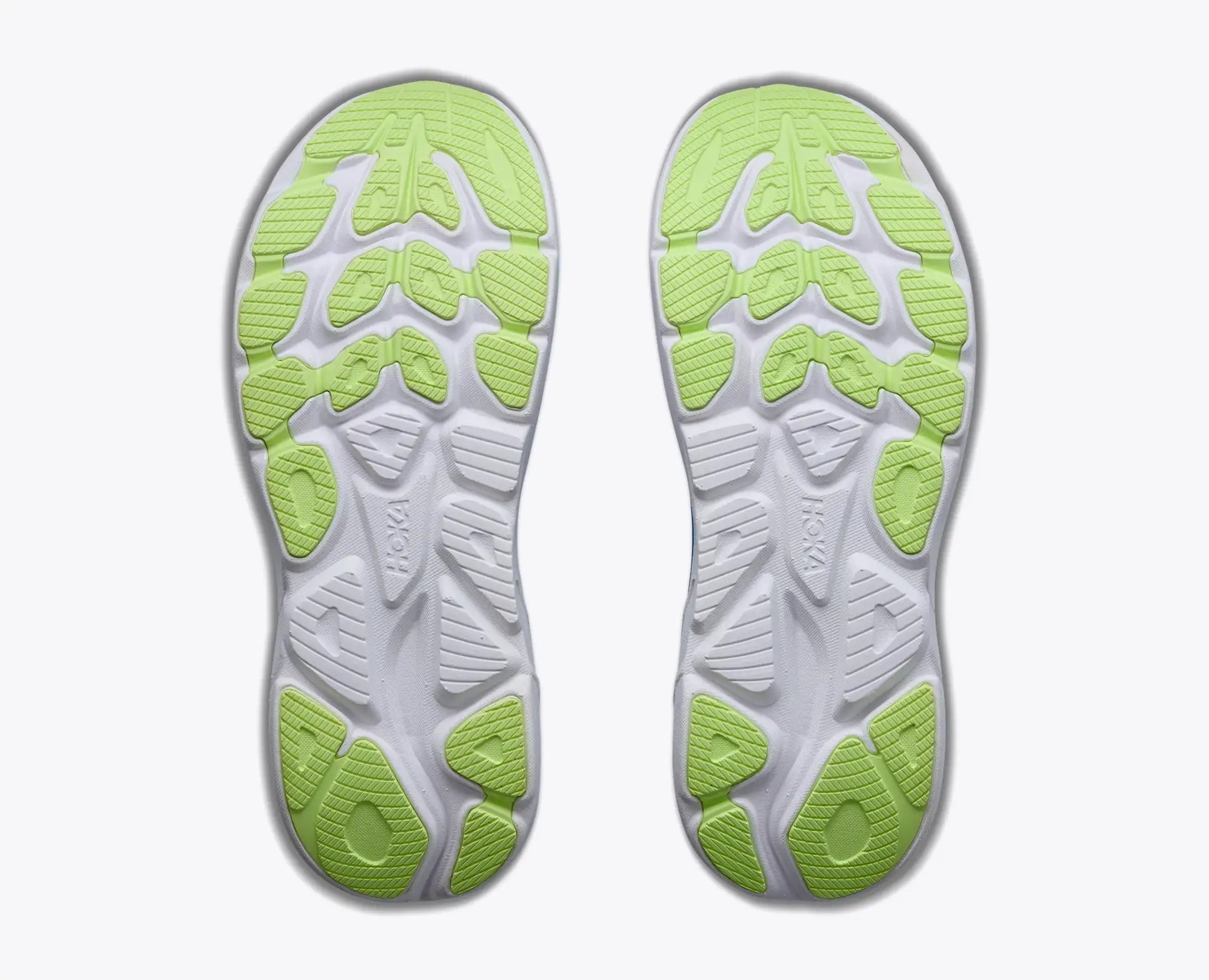 Hoka Men's Clifton 11 White shoe outsole with green textured sole on a white background