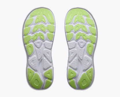Hoka Men's Clifton 11 White shoe outsole with green textured sole on a white background