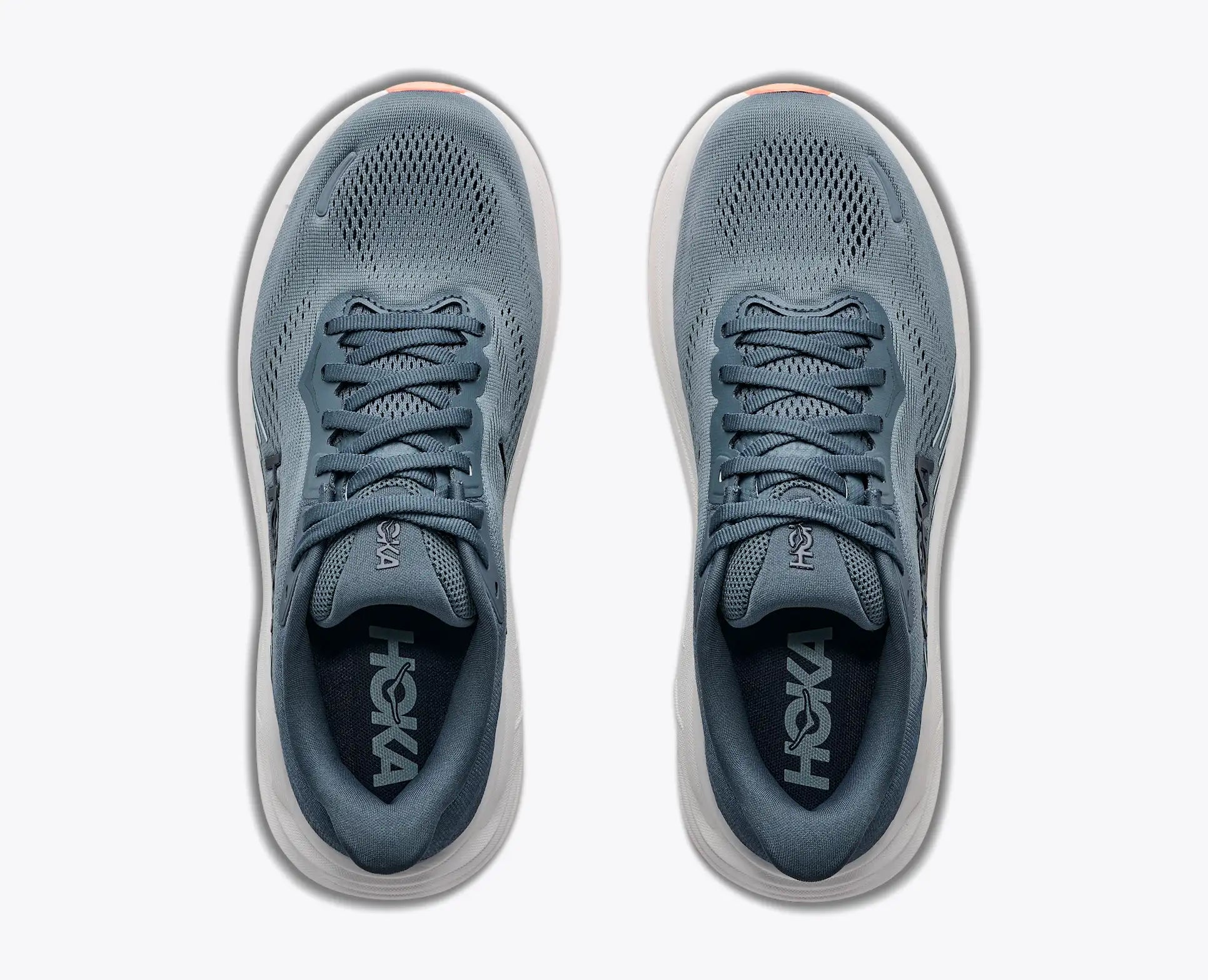 A pair of Hoka running shoes in a dusty slate blue color, shown from a top-down view on a light gray background.