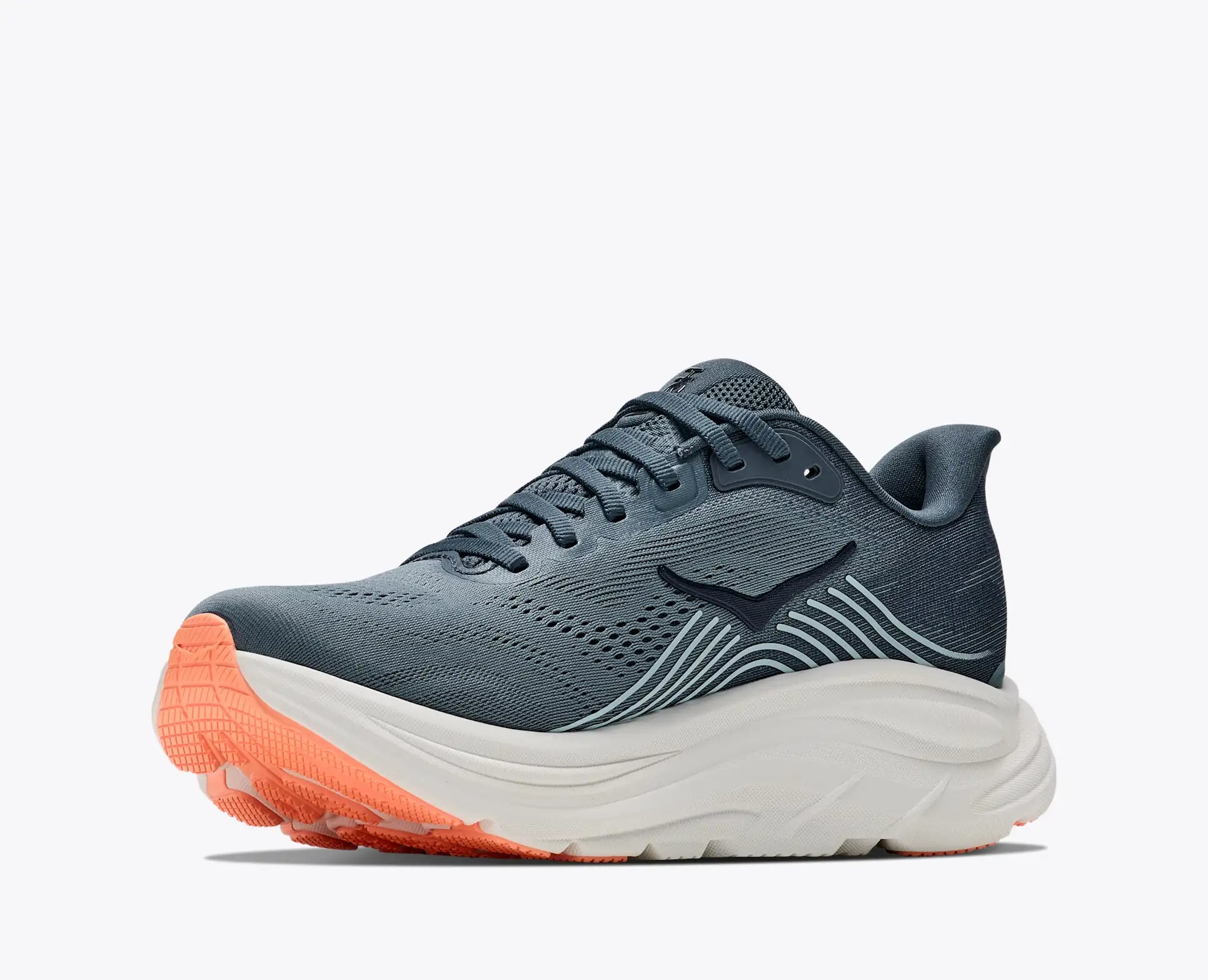 A single Hoka running shoe shown in profile against a clean white background. The upper is a dark slate blue-gray, with a thick white midsole and a bright orange outsole visible at the toe and heel.