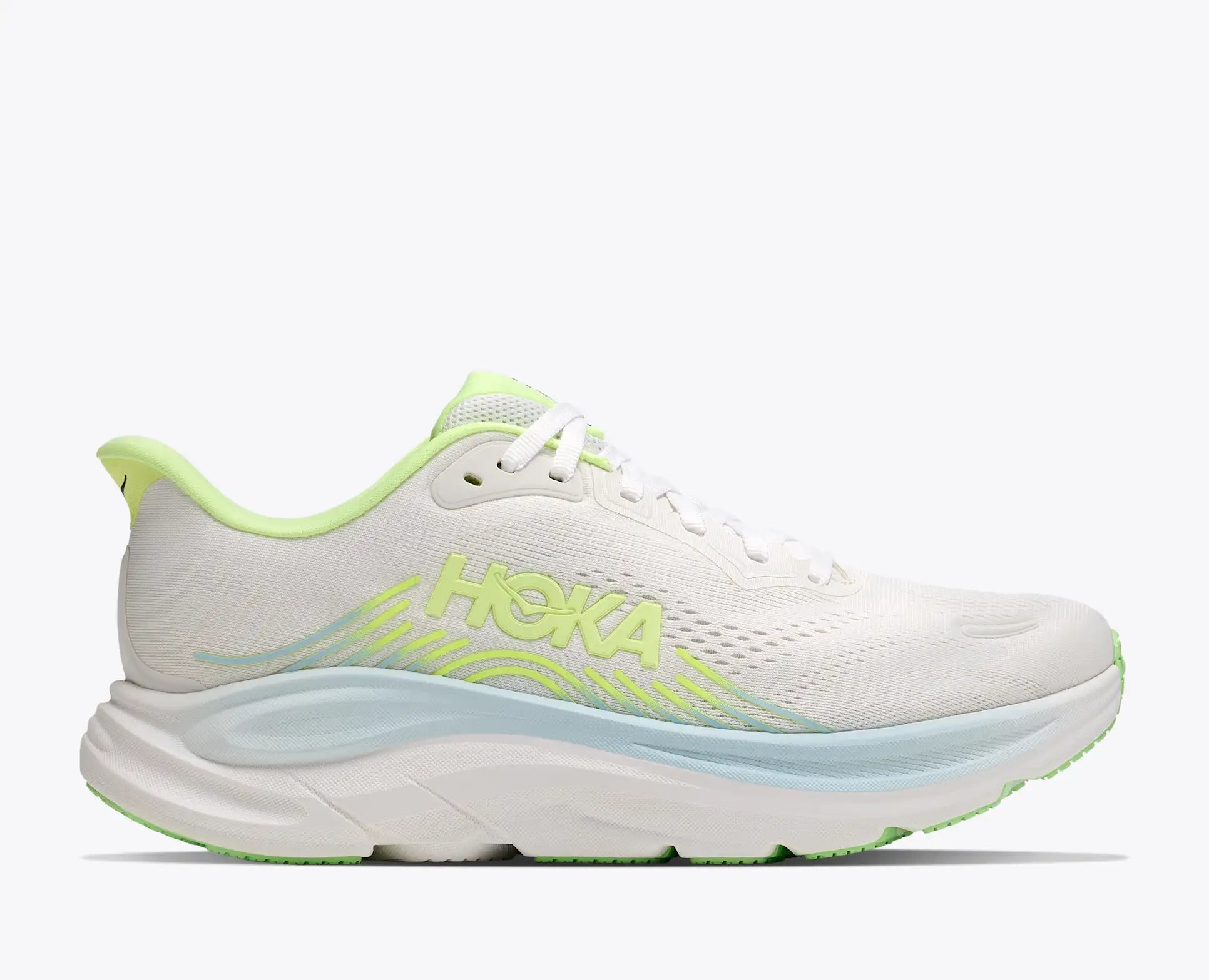 Hoka Women's Clifton 11 White running shoe with green accents on a white background
