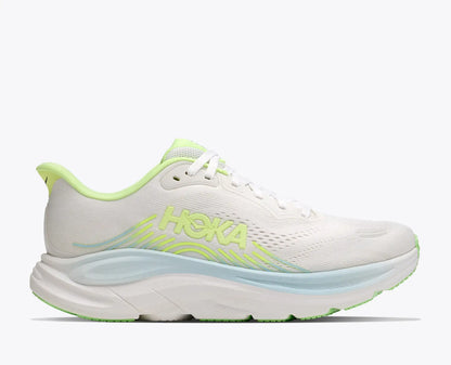 Hoka Women's Clifton 11 White running shoe with green accents on a white background