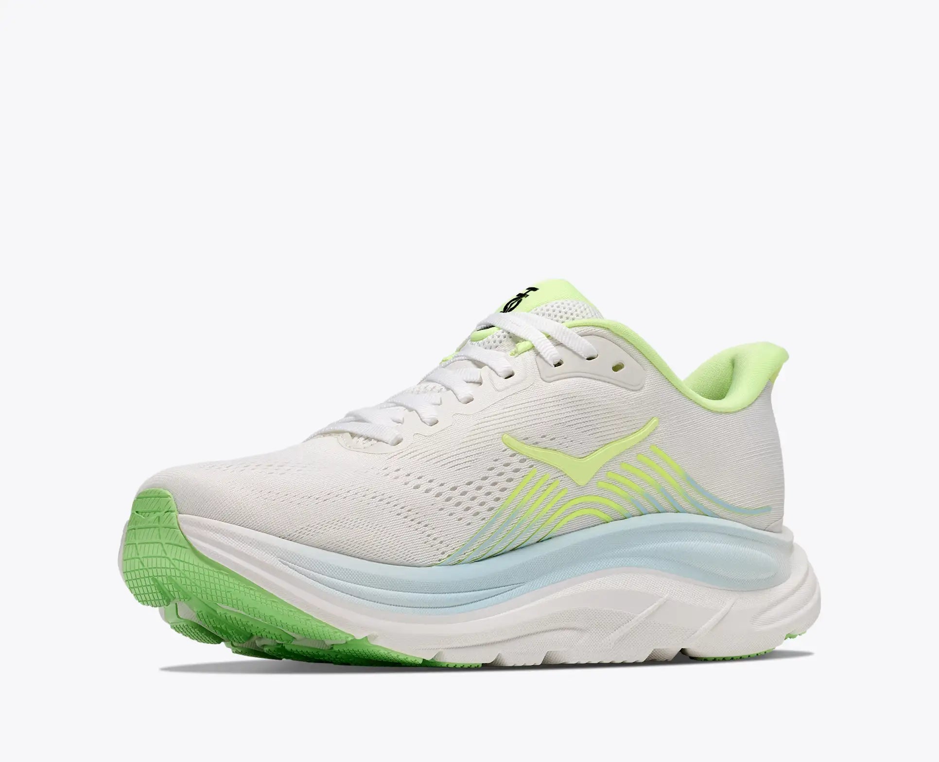 Hoka Women's Clifton 11 White running shoe with green accents on a white background