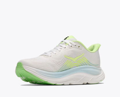 Hoka Women's Clifton 11 White running shoe with green accents on a white background