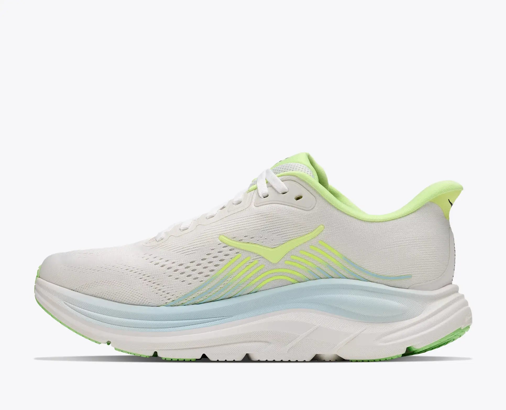 Hoka Women's Clifton 11 White running shoe with green accents on a white background