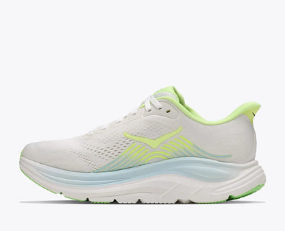 Hoka Women's Clifton 11 White running shoe with green accents on a white background