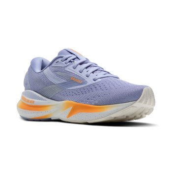 Purple running shoe with orange accents on a white background