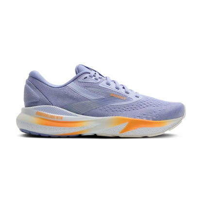 Purple running shoe with orange accents on a white background