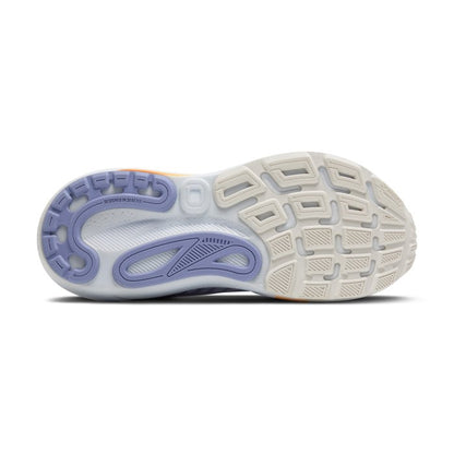 Sole of a shoe with purple and white sole design on a white background