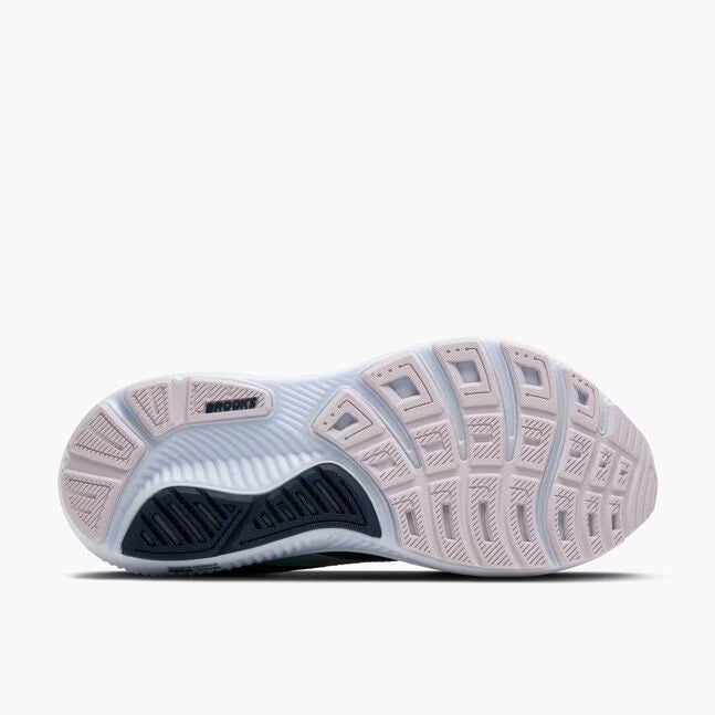White running shoe with blue sole on a white background