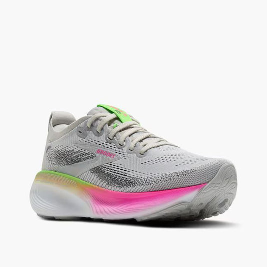 Brooks Adrenaline GTS 25 women's stability running shoe, white, grey, pink, and green.