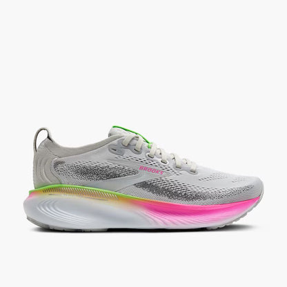 Brooks Adrenaline GTS 25 women's stability running shoe, white, grey, pink, and green.