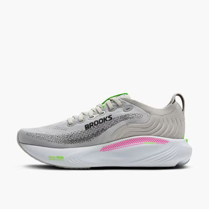 Brooks Adrenaline GTS 25 women's stability running shoe, white, grey, pink, and green.