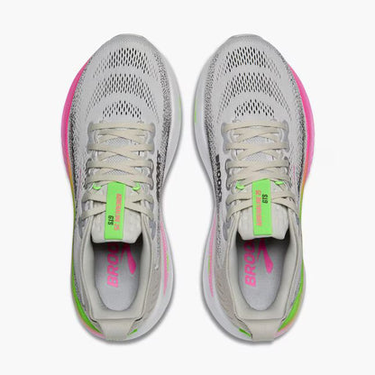 Brooks Adrenaline GTS 25 women's stability running shoe, white, grey, pink, and green.