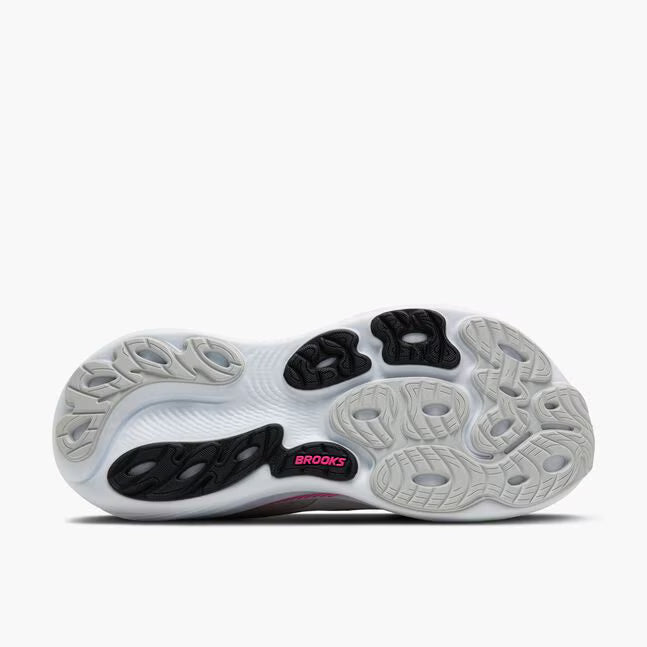 Brooks Adrenaline GTS 25 women's stability running shoe, white, grey, pink, and green. Outsole.