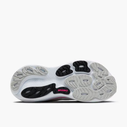 Brooks Adrenaline GTS 25 women's stability running shoe, white, grey, pink, and green. Outsole.