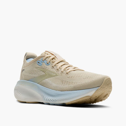 Beige Brooks Women's Adrenaline GTS 25 running shoe with a white sole on a white background