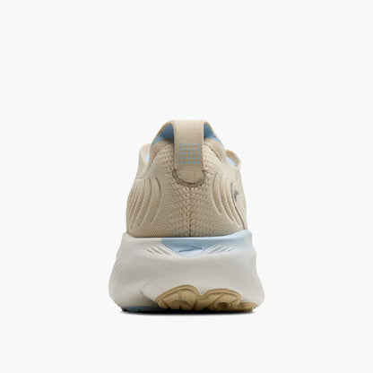 Beige Brooks Women's Adrenaline GTS 25 sneaker with blue accents on a white background