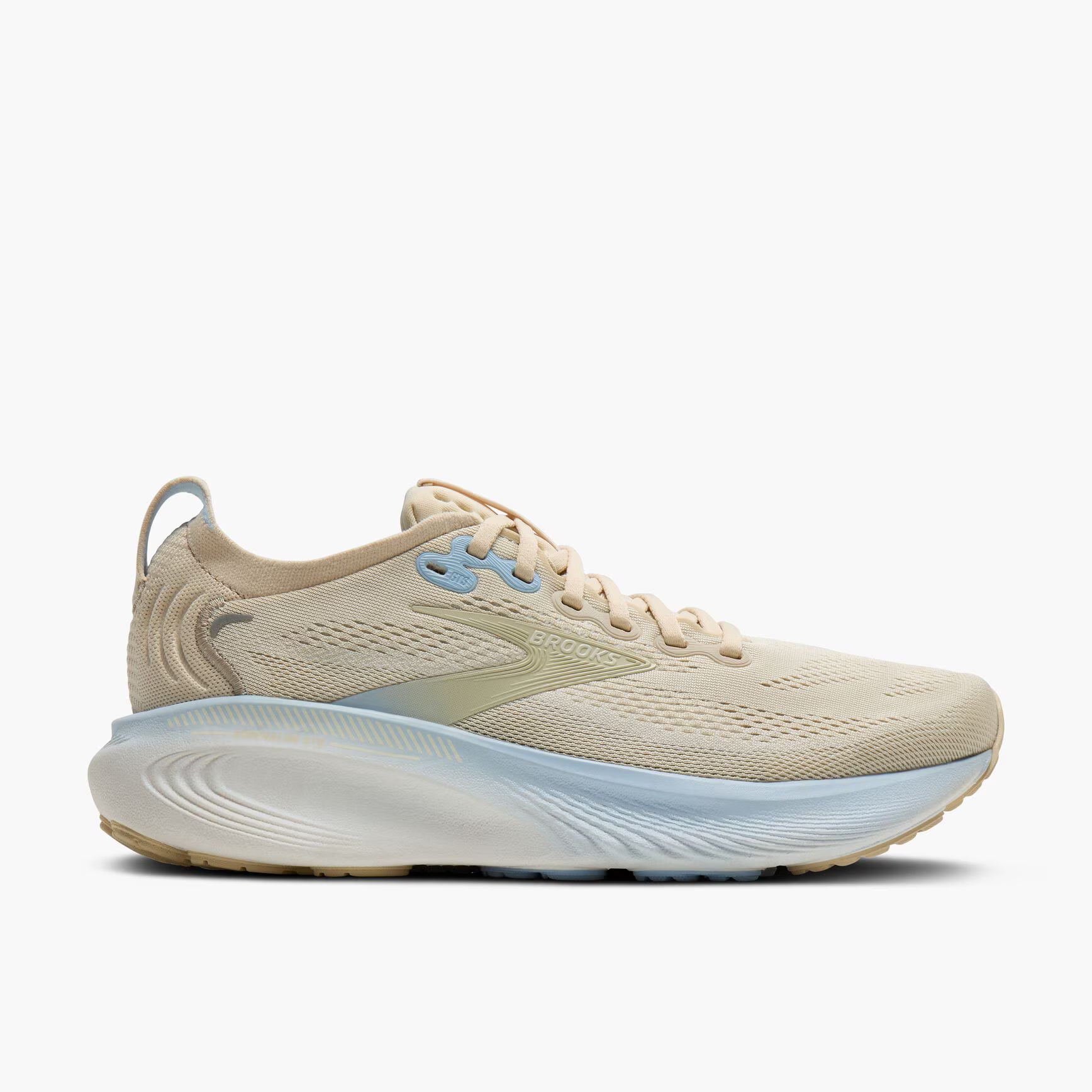 Beige Brooks Women's Adrenaline GTS 25 running shoe with blue accents on a white background