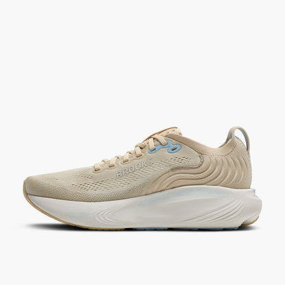 Beige Brooks Women's Adrenaline GTS 25 running shoe with white sole on a light beige background