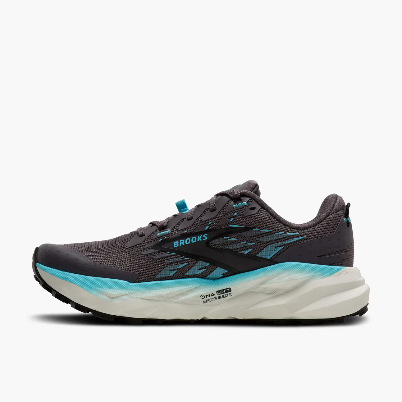 Gray and blue running shoe with 'Brooks' branding on a white background