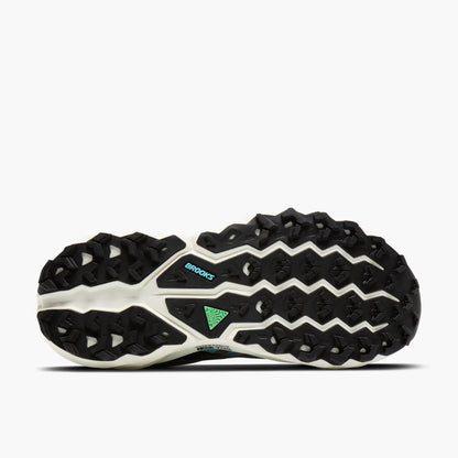 Black and white sneaker with a green logo on a white background