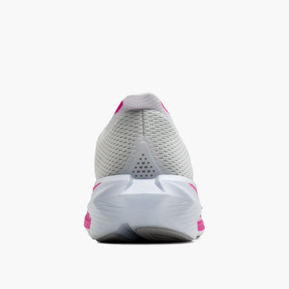 White running shoe with pink accents on a white background