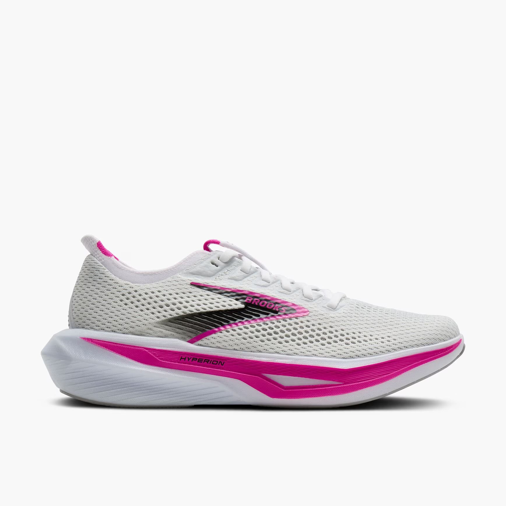 White running shoe with pink accents on a white background