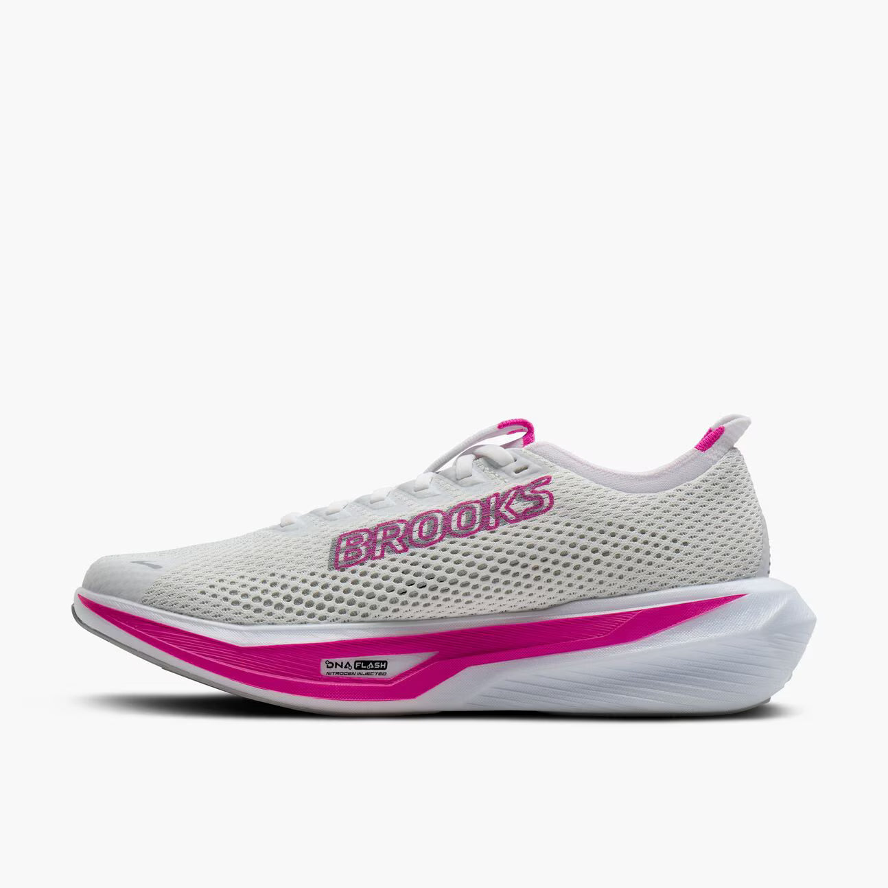 White running shoe with pink accents on a white background