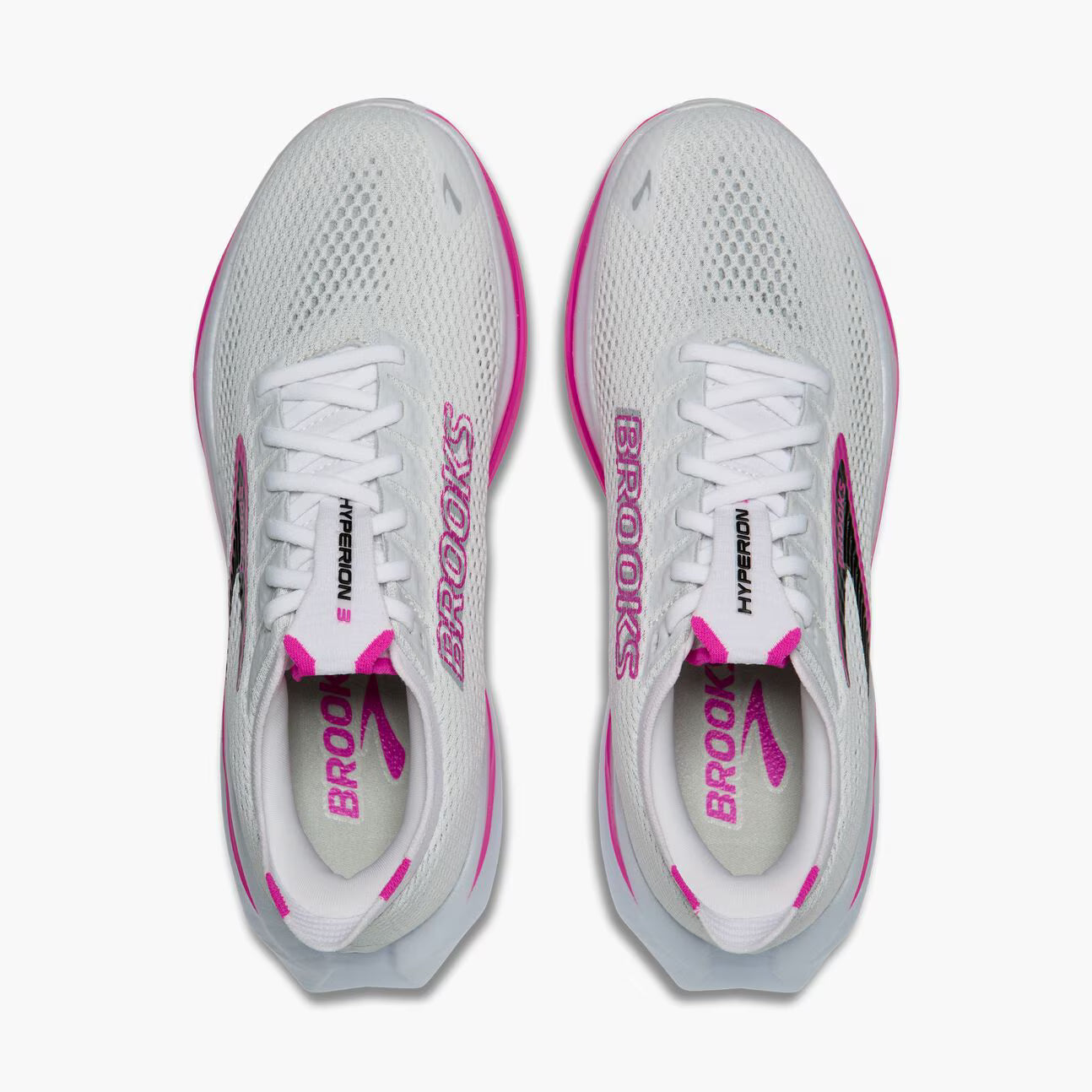 White and pink running shoes with 'Brooks' branding on a white background