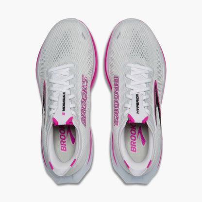 White and pink running shoes with 'Brooks' branding on a white background